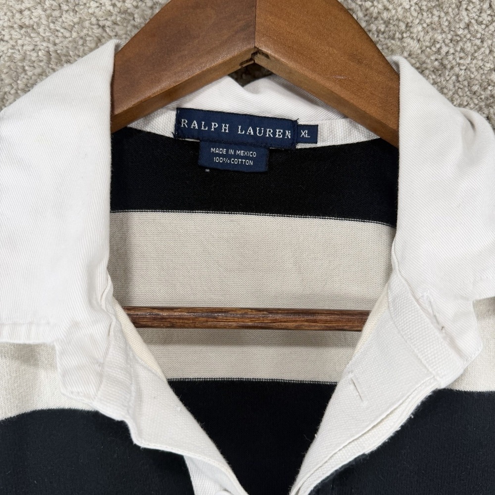 Ralph Lauren Vintage XL Rugby Polo Shirt Black Ivory White Stripe Preppy 90s Y2K - Picture 3 of 4
